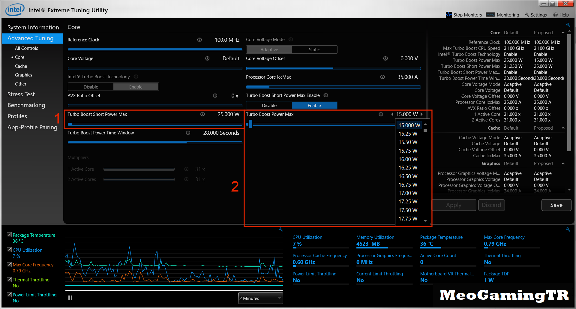 Intel XTU Gelişmiş Tuning - Çekirdek: TDP değişiklik seçeneklerini gösterme. Turbo boost short power max (1) patlama işlemi içindir, öte yandan turbo boost power max (2) ise sürekli turbo çalışma içindir